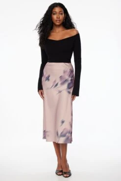 Dynamite Melody Satin Slip Midi Skirt In Pink Floral