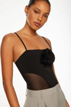 Dynamite Rosette Mesh Bodysuit In Jet Black