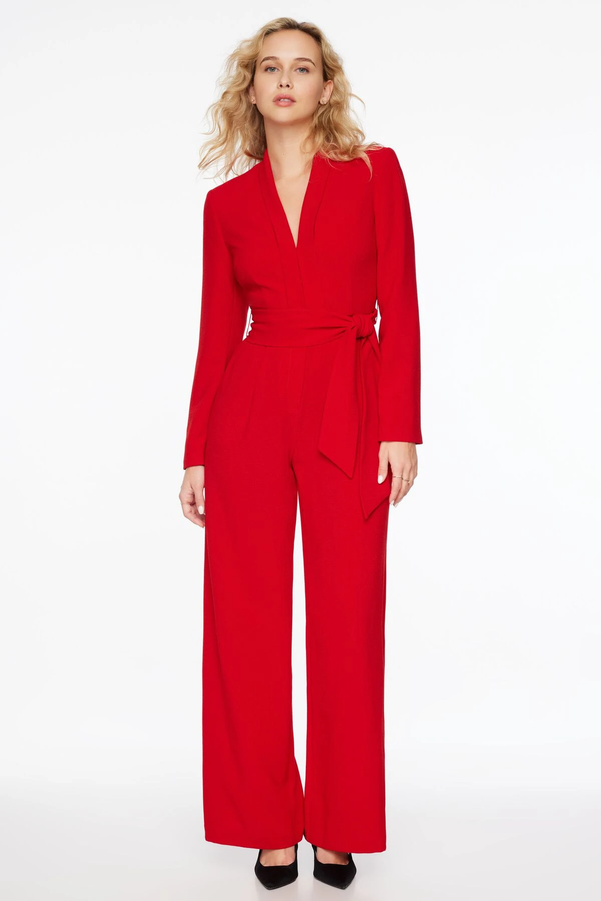 Dynamite Rania Belted Blazer Jumpsuit In Fiesta Red