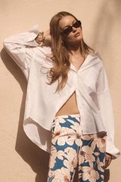 Dynamite Frida Oversized Poplin Button Up Shirt In Optic White