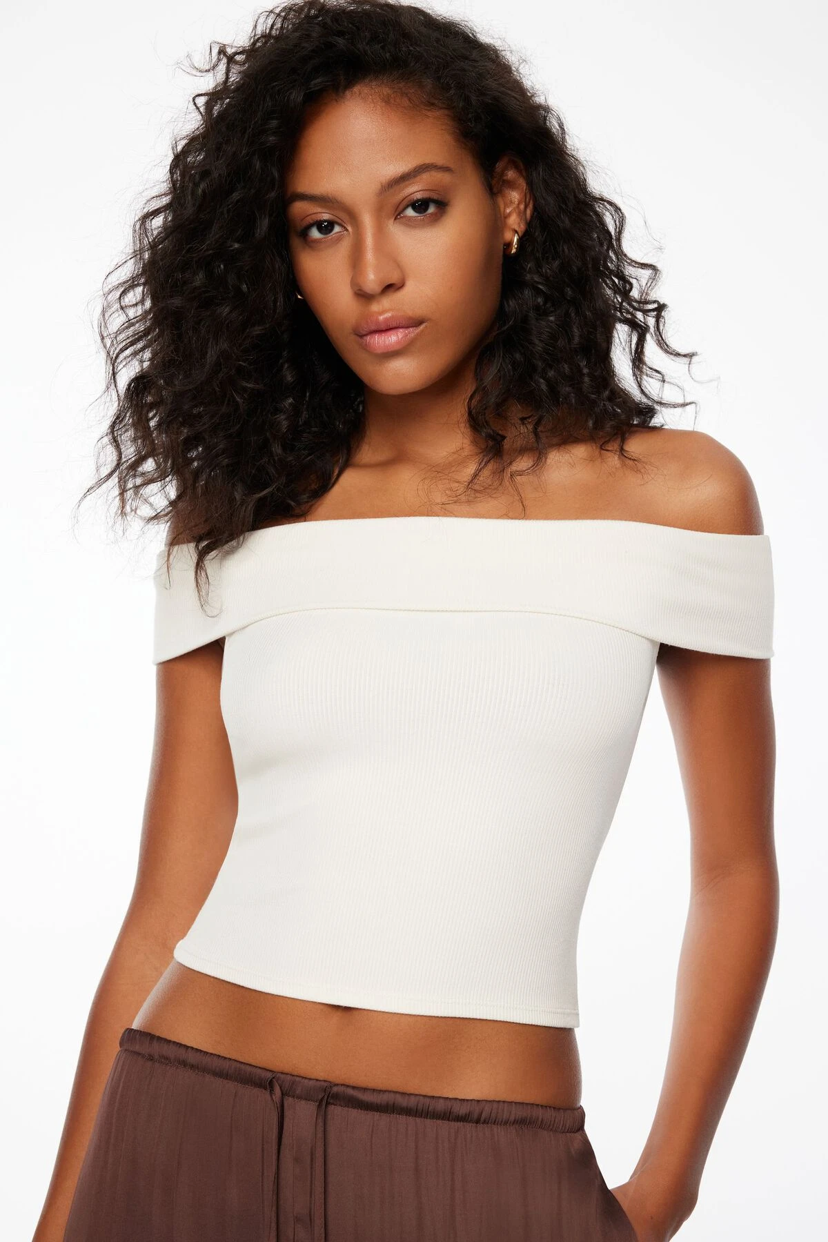 Dynamite Layla Off Shoulder Ribbed Top In Sea Salt Beige