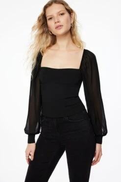 Dynamite Long Sleeve Mixed Media Corset Top In Jet Black