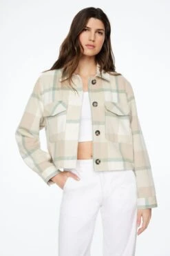 Dynamite Cropped Plaid York Shacket In Beige/ Off-White/Green