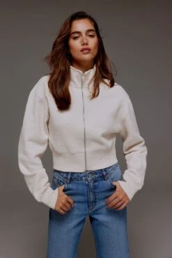 Dynamite Cropped Zip Up Sweatshirt In Polished Pearl Beige