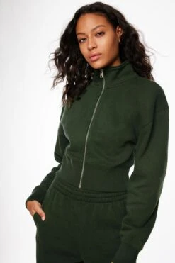 Dynamite Cropped Zip Up Sweatshirt In Mountain View Green