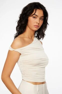 Dynamite Rowen One Shoulder Draped Top In Rainy Day Beige