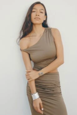 Dynamite Rowen One Shoulder Draped Top In Covert Green