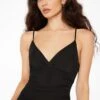Dynamite V-Neck Ruched Mesh Bodysuit In Jet Black
