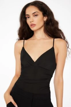 Dynamite V-Neck Ruched Mesh Bodysuit In Jet Black