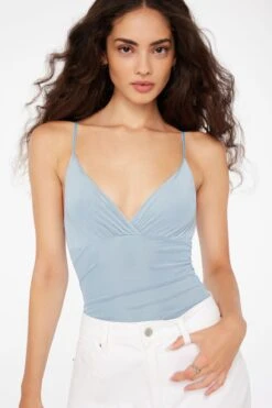 Dynamite V-Neck Ruched Mesh Bodysuit In Ashley Blue