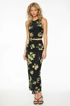 Dynamite Arya Mesh Maxi Skirt In Green Floral
