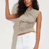 Dynamite Draped Crew Neck Top In Vintage Khaki Green