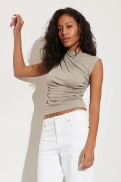 Dynamite Draped Crew Neck Top In Vintage Khaki Green