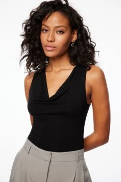 Dynamite Draped Cowl Neck Bodysuit In Jet Black