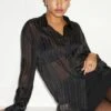 Dynamite Frida Striped Sheer Button Up Shirt In Jet Black