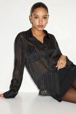 Dynamite Frida Striped Sheer Button Up Shirt In Jet Black