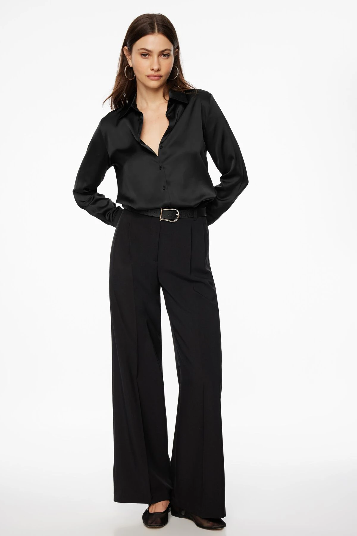 Dynamite Matisse Slim Satin Button Up Shirt In Jet Black - Image 2