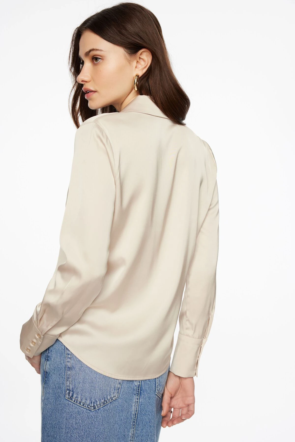 Dynamite Matisse Slim Satin Button Up Shirt In Polished Pearl Beige - Image 3