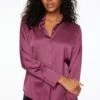 Dynamite Matisse Slim Satin Button Up Shirt In Damson Purple