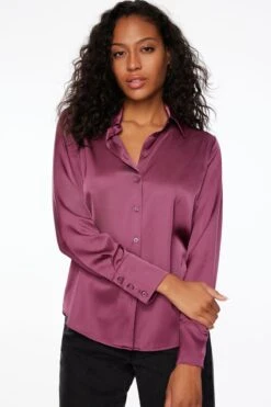 Dynamite Matisse Slim Satin Button Up Shirt In Damson Purple
