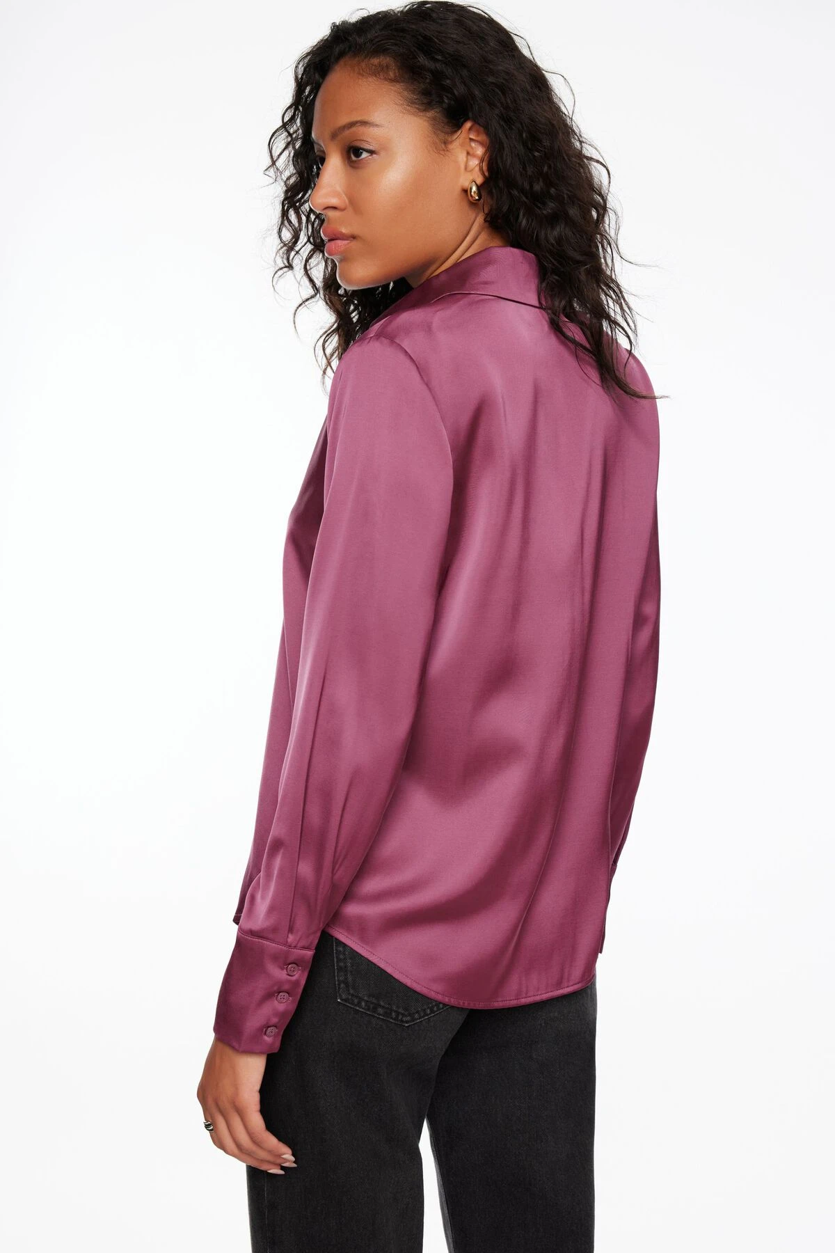 Dynamite Matisse Slim Satin Button Up Shirt In Damson Purple - Image 2