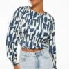 Dynamite Long Sleeve Pleated Top In Blue Geometric