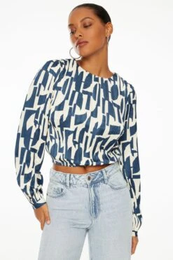 Dynamite Long Sleeve Pleated Top In Blue Geometric