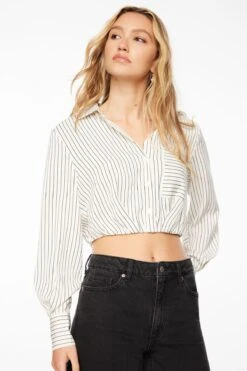 Dynamite Bailey Cropped Button Up Shirt In Beige Pinstripe