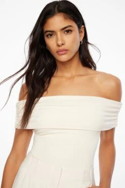 Dynamite Off Shoulder Draped Bodysuit In Sea Salt Beige