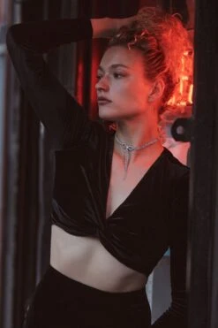 Dynamite Velvet Deep V-Neck Crop Top In Jet Black