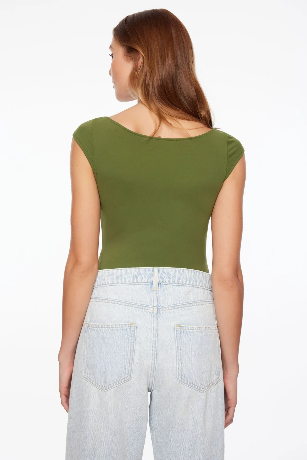 Dynamite Jules Sculpt Short Sleeve Scoop Neck Bodysuit In Bronze Green - Image 4