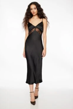 Dynamite V-Neck Satin Slip Midi Dress In Jet Black