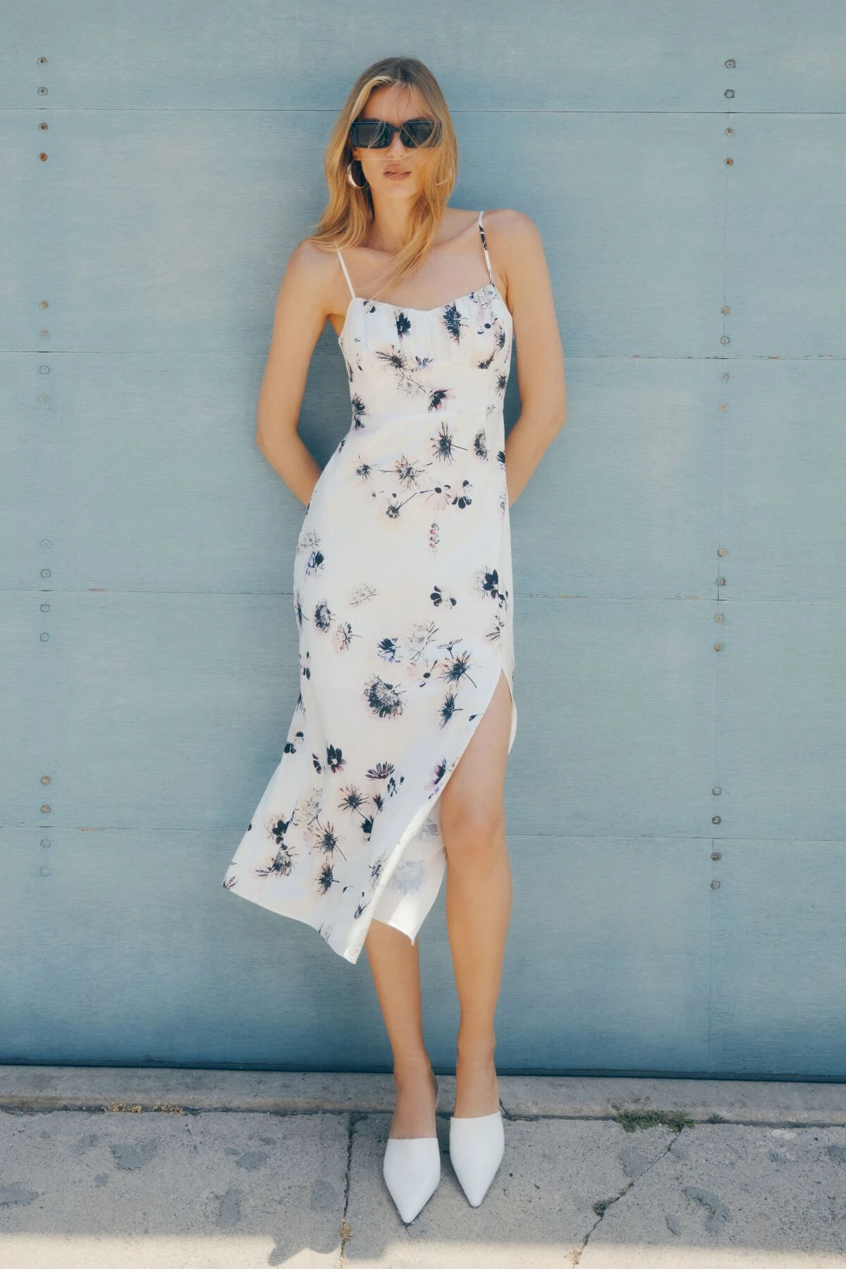 Dynamite Shirred Bust Satin Slip Midi Dress In Pink Daisy