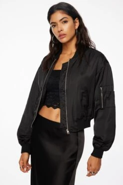 Dynamite Cropped Satin Bomber Jacket In Jet Black