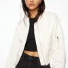 Dynamite Cropped Satin Bomber Jacket In Sea Salt Beige