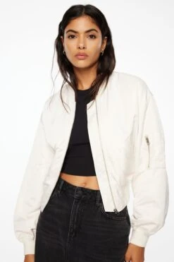 Dynamite Cropped Satin Bomber Jacket In Sea Salt Beige