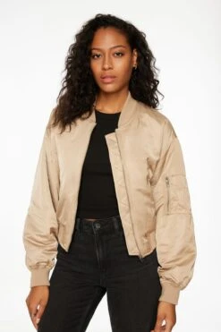 Dynamite Cropped Satin Bomber Jacket In Silver Mink Brown