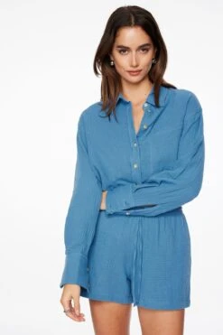 Dynamite High Waisted Gauze Shorts In Sea Of Belize Blue