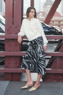 Dynamite Melody Satin Slip Midi Skirt In Black & Cream Wave