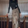 Dynamite Laure Metallic Pleated Midi Skirt In Midnight Dream Gold