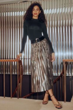 Dynamite Laure Metallic Pleated Midi Skirt In Midnight Dream Gold