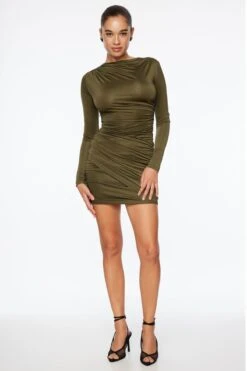 Dynamite Long Sleeve Draped Mini Dress In Kalamata Green