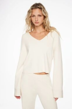 Dynamite Long Sleeve V-Neck Sweater In Sea Salt Beige