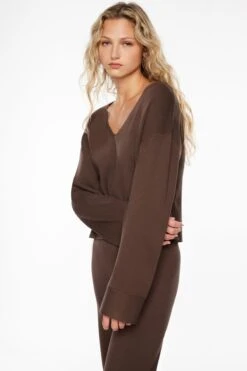 Dynamite Long Sleeve V-Neck Sweater In French Roast Brown
