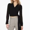 Dynamite Long Sleeve Collared Wrap Blouse In Jet Black