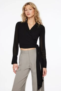 Dynamite Long Sleeve Collared Wrap Blouse In Jet Black
