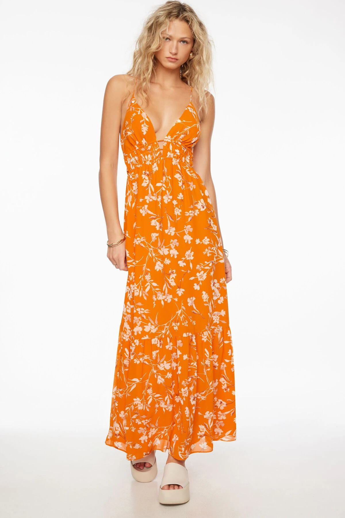 Dynamite Leigh Strappy Back Maxi Dress In Orange Floral - Image 2