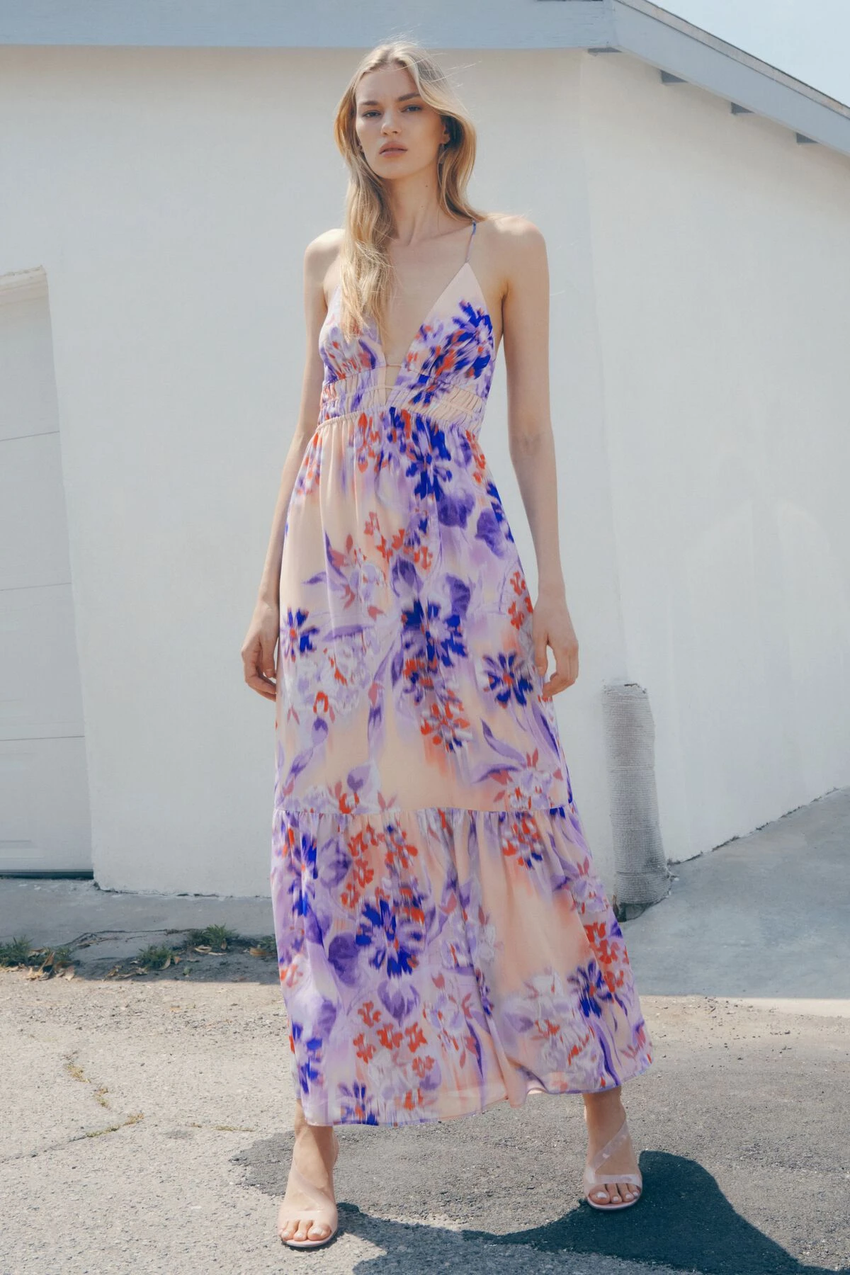 Dynamite Leigh Strappy Back Maxi Dress In Violet Purple Floral