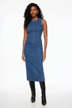 Dynamite Crewneck Denim Maxi Dress In Indigo Medium Dark