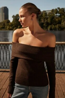Dynamite Heavenlyarn™ Off Shoulder Yarn Sweater In French Roast Melange